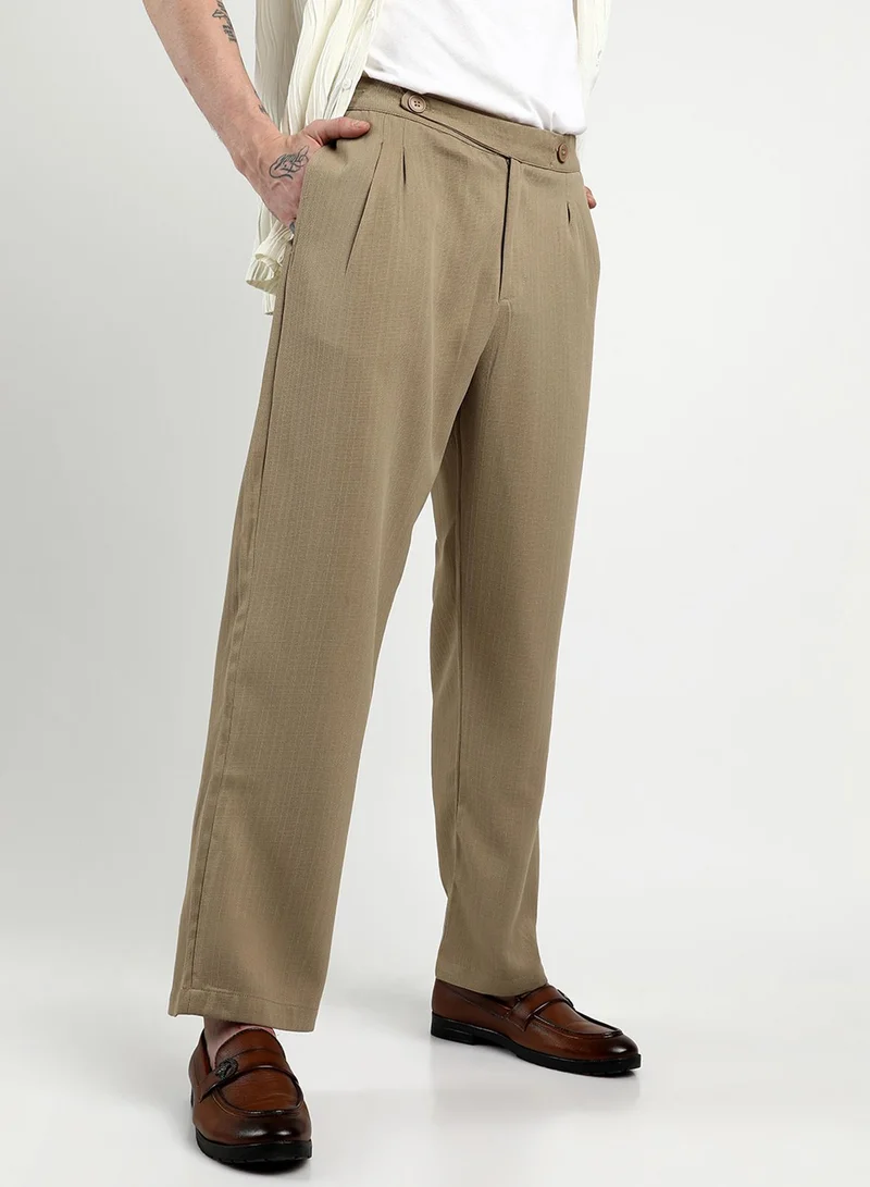 Men's Khaki Brown Tailored Linen-Blend Trousers For Casual Wear | 4 Pockets | Tailored-Fit | Button Closure | Trousers Crafted With Comfort Fit For Everyday Wear